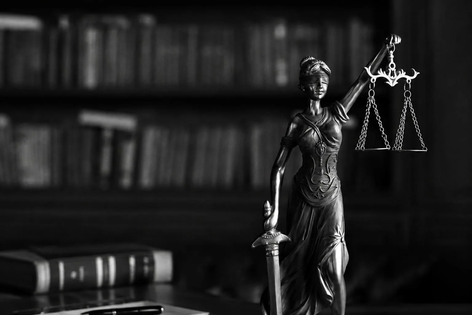 Estatua de la justicia con su balanza y su espada frente a una biblioteca jurídica
