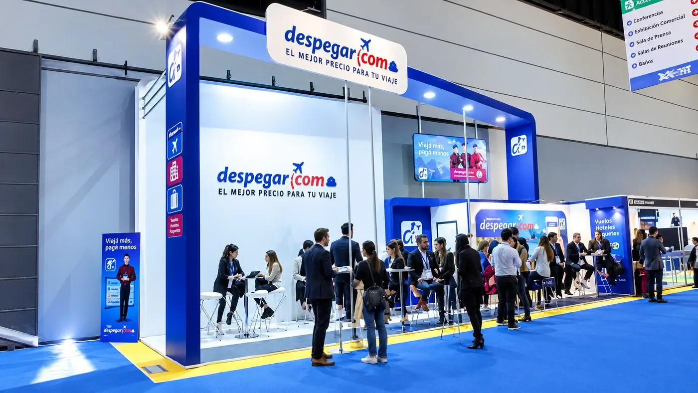 Stand de Despegar.com en una feria, ilustrando la nota sobre la demanda al portal de venta online